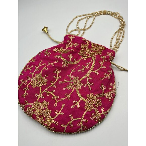 PINK Gold Clutch Silk Bag Boho Formal/POTLI /Purse Applique Beaded SEE ALL - Picture 8 of 16